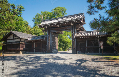 京都御苑の堺町御門と新緑の風景です