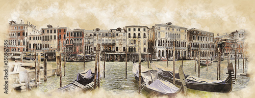 Panoramic view of Venetian Grand Canal with gondolas and medieval buildings, sketch drawing