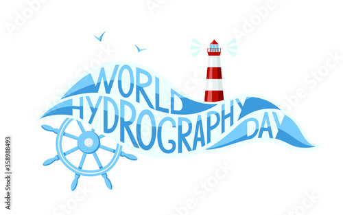 Hydrodraphy day greeting card. Vector illustration with lighthouse, ship steering wheel and seagulls