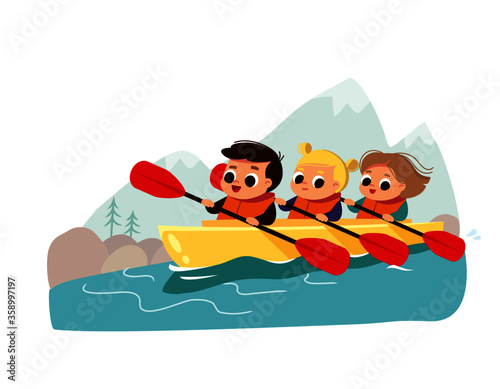 Kids in canoe. Summer activity. School children kayaking.
