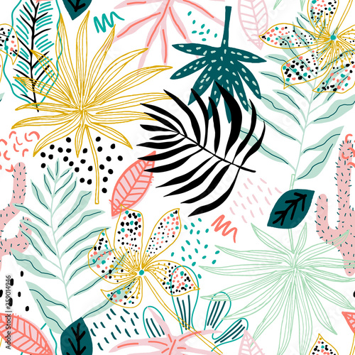 Seamless tropical pattern with hand drawn plants, leaves, flowers. Jungle summer background. Perfect for fabric design, wallpaper, apparel. Vector illustration
