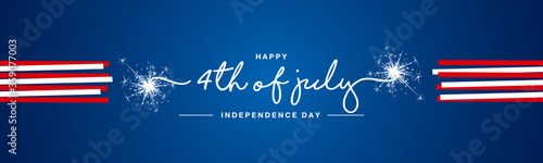 Happy 4th of july USA Independence day handwritten typography sparkle firework red white ribbon blue banner
