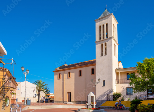San Teodoro church - Chiesa di San Teodoro - at Piazza Mediterraneo square of resort town at Costa Smeralda coast of Tyrrhenian Sea in San Teodoro, Sardinia; Italy