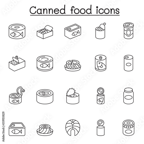 Canned food & Preserved food icons set in thin line style