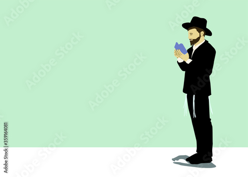 Vector drawing of a chassid. Religious orthodox Jew. Torah observant and commandments. Praying, crying, sighing, begging, The figure is wearing a hat, and a black suit, with tassels on both sides.