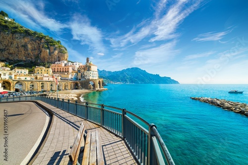 Road leading along Amalfi coast to small town Atrani in province of Salerno, Campania region, Italy.