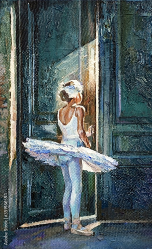 Little girl, ballerina in a white ballet tutu, worries before the performance, looks at the scene through the ajar door. Oil painting on canvas.