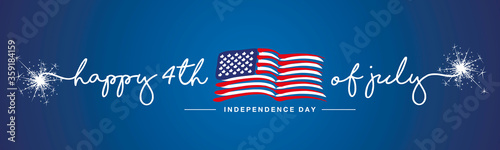Happy 4th of july Independence day firework handwritten typography text USA abstract wavy flag blue background banner