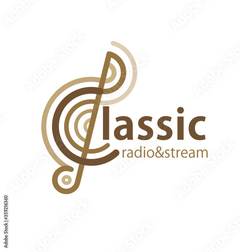 Logo Design concept for classical music radio, TV or youtube channel, streaming service etc. Stylized treble clef and circle sound waves. Editable EPS vector