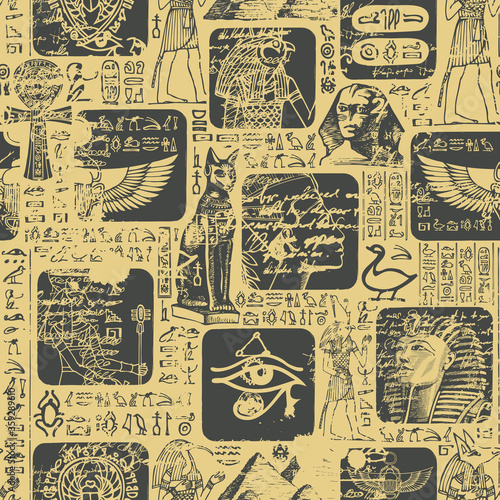 Ancient Egypt seamless pattern with sketches and scribbles. The hieroglyphs are randomly selected and do not make sense. Vector abstract background suitable for Wallpaper, wrapping paper, fabric