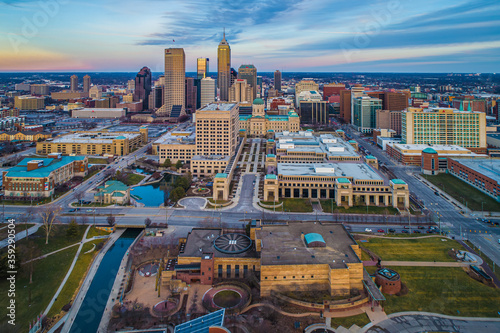 Aerial View of Downtown Indianapolis Indiana Skyline at sunset