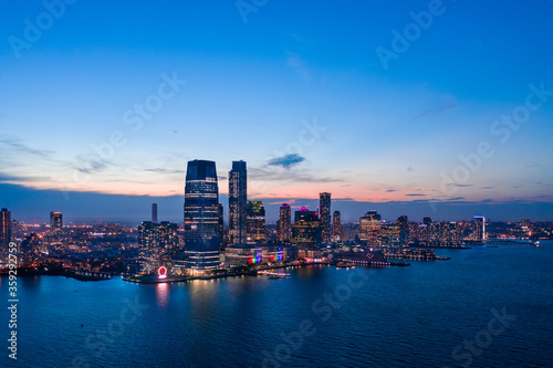 Aerial view of Jersey Skyline at Dusk, new jersey. 