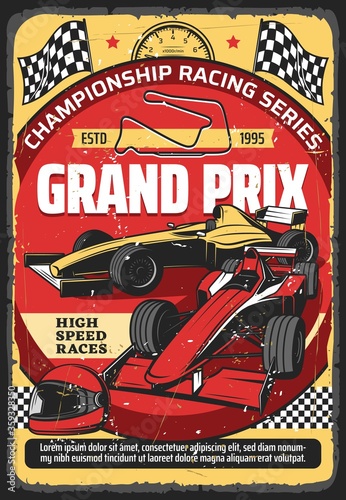 Car races retro poster, vintage auto rally sport championship and Grand Prix tournament, vector. Retro sport car speedway racing tournament, racecar speedometer, racetrack, start and finish flags