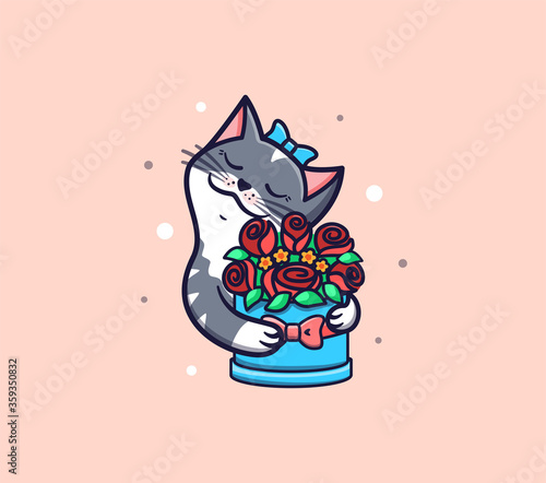The logo Cat with Flowers. Logotype Happy Birthday and funny cartoon kitty