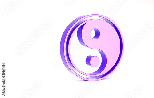 Purple Yin Yang symbol of harmony and balance icon isolated on white background. Minimalism concept. 3d illustration 3D render.