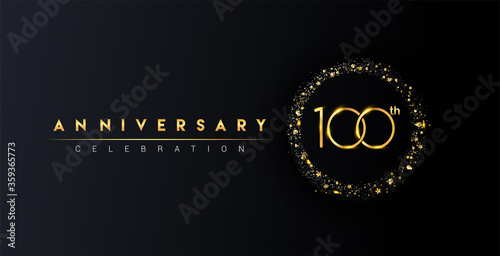 100th anniversary logo with confetti and golden glitter ring isolated on black background, vector design for greeting card and invitation card.