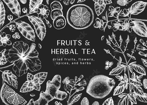Hand sketched herbal tea ingredients background on chalkboard. Perfect for recipe, menu, label, icon, packaging, Vintage herbs and fruits outlines. Botanical design