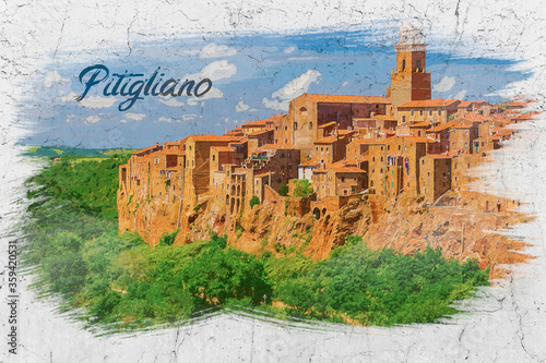 Old city Pitigliano in Italy, watercolor painting