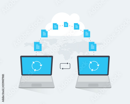 File transfer infographic template with two laptops and transferred documents through the cloud service. Modern flat illustration.