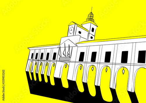 Old building with clock and dome. Architecture. Aviles, Spain town hall. Cartoon style vector illustration on a yellow background.