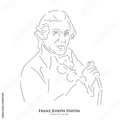 Franz Joseph Haydn (31 March 1732 – 31 May 1809) A master of historical music. Line drawing portrait illustration.