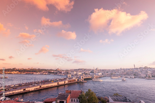 View of Galata Bridge of Istanbul. This bridge is in estuary ( armlet, firth ). The bridge is connecting Karakoy borough and Eminonu borough. Istanbul is one of the biggest cities in the world.