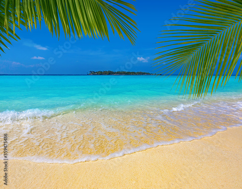 palm leaves over a sandy tropical beach, turquoise sea and island in the background, Maldives