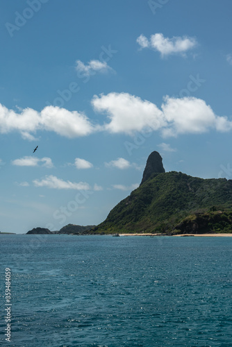 Beautiful view of Morro do Pico background from the sea at Fernando de Noronha, a Unesco World Heritage site, Pernambuco, Brazil