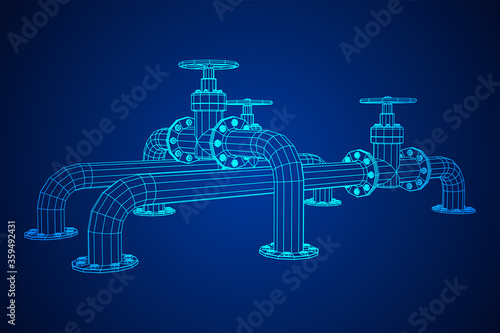 Oil pipeline with valve business concept. Finance economy polygonal petrol production. Petroleum fuel industry transportation line. Wireframe low poly mesh vector illustration.