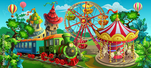 Vector illustration. Amusement park. Carousel, Ferris wheel, train.