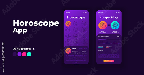 Astrology app cartoon smartphone interface vector templates set. Mobile app screen page night mode design. Daily horoscope and compatibility UI for application. Phone display with flat illustrations