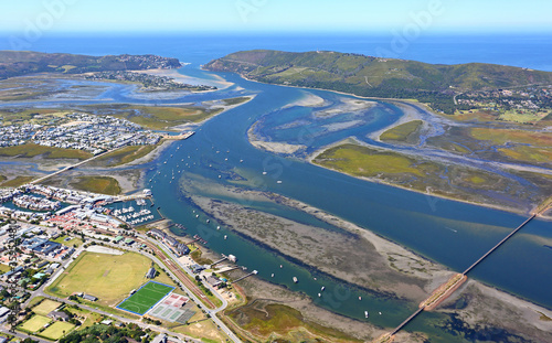 Knysna, Western Cape / South Africa - 02/05/2019: Aerial photo of Knysna with Knysna Heads in the background