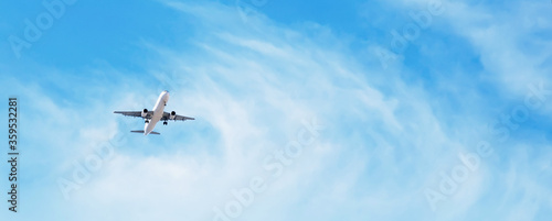 Panoramic Background with flying plane in blue sky