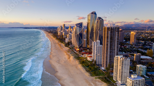 Sunrise views over Gold Coast beach with Surfers Paradise cityscape