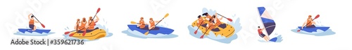 Set of people enjoy active water sports vector illustration. Collection of extreme man and woman rafting, kayaking, canoeing and sailing isolated. Diverse person in protective helmet and vest