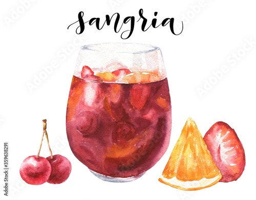Watercolor sangria Spanish cocktail isolated on white background. Hand drawn drink illustration.