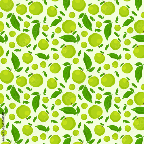 Seamless pattern with apples and leaves. Fresh green wallpaper, background for packaging, fabrics, or other.