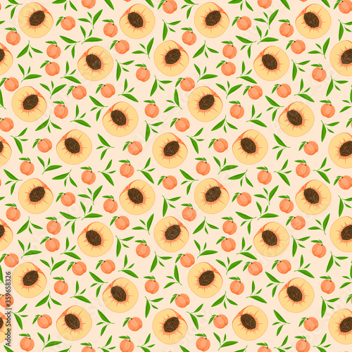 Seamless pattern with peaches, slices, and leaves. Pastel orange wallpaper, background for packaging, fabrics, or other.