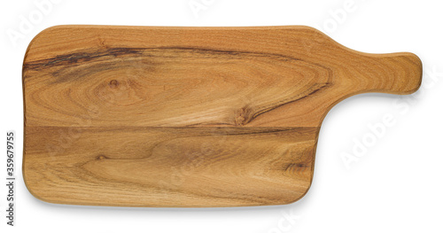 Deska do krojenia lub serwowania potraw na białym tle. Z naturalnego drewna tekowego