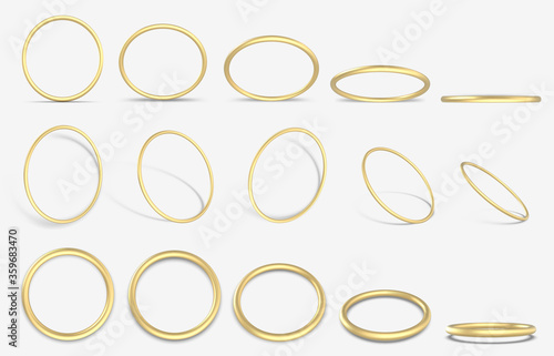 Realistic golden 3D ring. Gold decorative geometric round rings, 3d yellow gold metallic rings vector illustration icons set. Golden ring realistic, bright jewelry, luxurious glowing