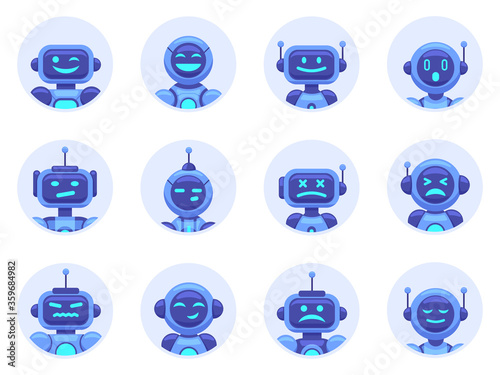 Chat bot avatars. Robotic digital assistant avatar, computer online assistance bot, virtual machine help bots vector illustration icons set. Cyber support, service virtual bot, chat robot