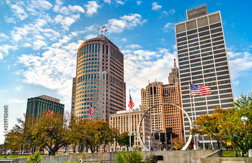 Downtown Detroit from Hart Plaza. USA