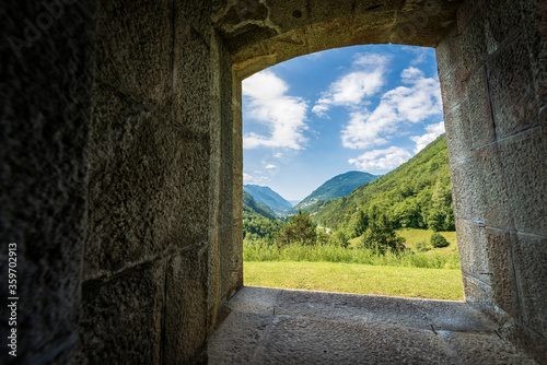 Valle del Chiese (Chiese valley), view from the window of the Forte Larino, Austro-Hungarian military fortress. Lardaro village, Trento Province, Trentino Alto Adige, Italy, Europe