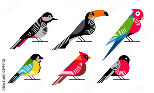 Birds flat vector illustration set. Geometry style woodpecker, toucan, parrot, blue tit, cardinal, bullfinch.