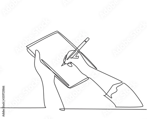 Single continuous line drawing of hand gesture fast writing on paper at clipboard. Business to do list write on notebook concept. One line draw design vector illustration