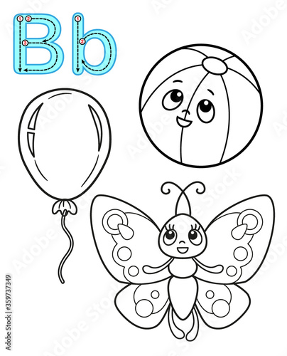 Printable coloring page for kindergarten and preschool. Card for study English. Vector coloring book alphabet. Letter b. Butterfly, balloon, boll