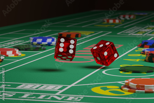 Close up of dice rolling on a craps table. Random concept. 3d illustration.