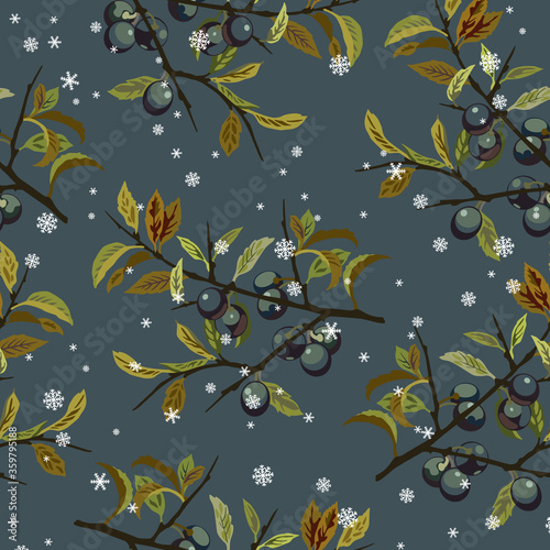 Seamless floral pattern with branches of blackthorn plant with leaves and fruits under snowflakes. Prunus Spinosa. Seasonal decor.