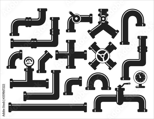 Vector icons set of details ware pipes system in flat style. Silhouette collection of water tube, plastic pipeline, filtres, gas valve, fittings, plumbing, faucet, sewage. Construction and industrial 