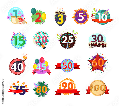 Anniversary signs set illustration. Bright festival ribbons with jubilee numbers. Can be used for topics like birthday, celebration, festival